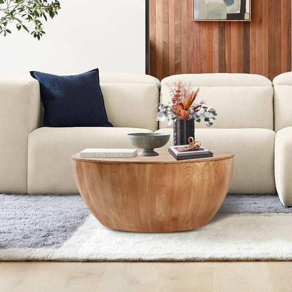 English Elm 35.43Vintage Barrel Coffee Table Solid Fir Wood with Hidden Storage Living Room W757119054