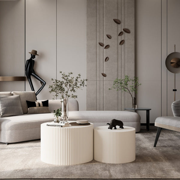 English Elm Wave Stripe Nesting Coffee Tables Mdf Set of Two for Scandinavian Living Room Decor Beige W757P144012