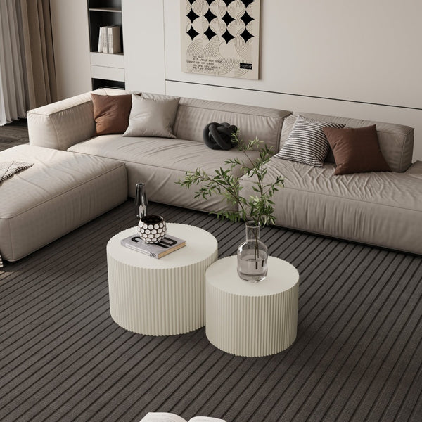 English Elm Wave Stripe Nesting Coffee Tables Mdf Set of Two for Scandinavian Living Room Decor Beige W757P144012