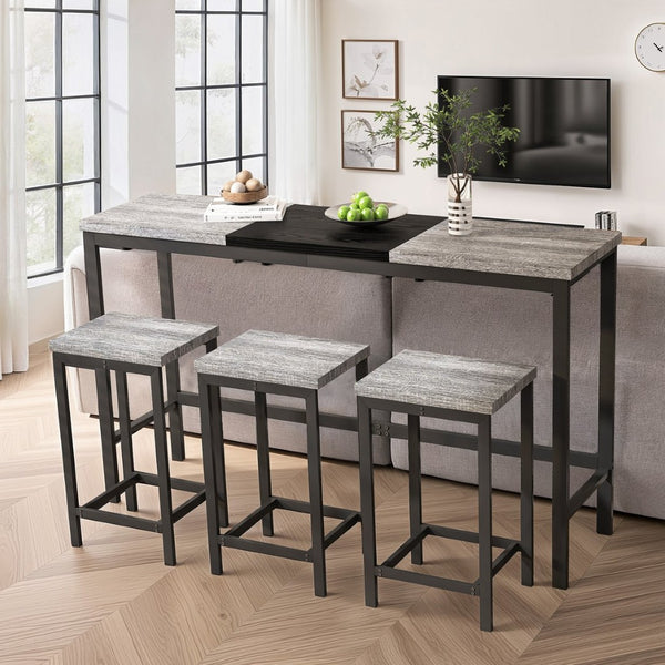 English Elm Modern Industrial Pub Table Set with 3 Hanging Stools Iron Frame Kitchen Bar W757P146464