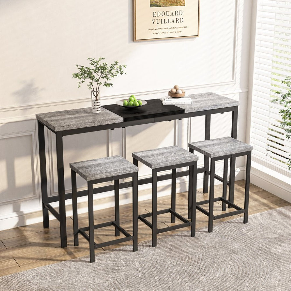 English Elm Modern Industrial Pub Table Set with 3 Hanging Stools Iron Frame Kitchen Bar W757P146464