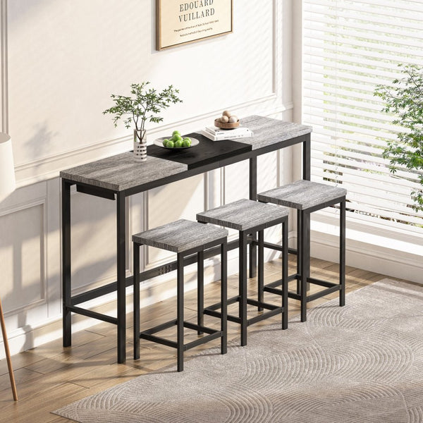 English Elm Modern Industrial Pub Table Set with 3 Hanging Stools Iron Frame Kitchen Bar W757P146464