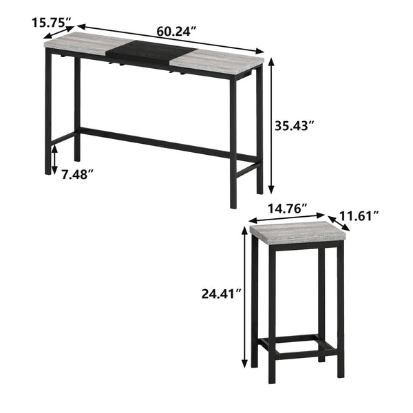 English Elm Modern Industrial Pub Table Set with 3 Hanging Stools Iron Frame Kitchen Bar W757P146464