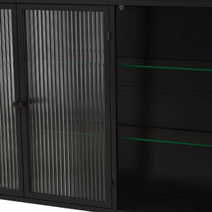 English Elm 3 Door Arched Glass Wall Cabinet Matte Black Finish for Kitchen Bath or Living Room W757P221501