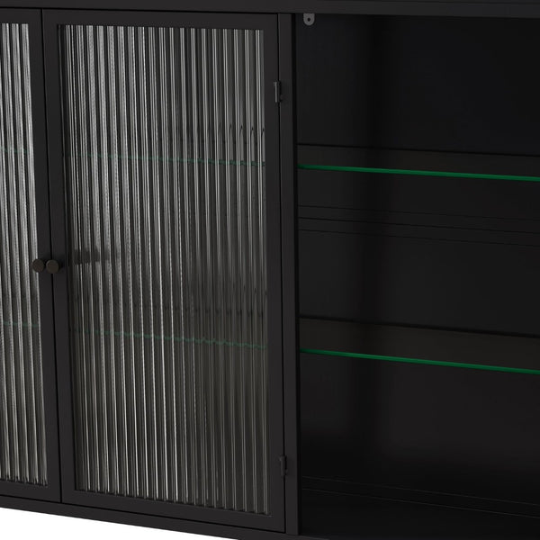 English Elm 3 Door Arched Glass Wall Cabinet Matte Black Finish for Kitchen Bath or Living Room W757P221501
