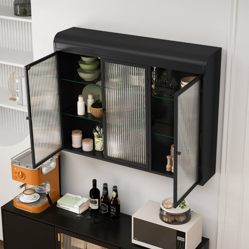 English Elm 3 Door Arched Glass Wall Cabinet Matte Black Finish for Kitchen Bath or Living Room W757P221501