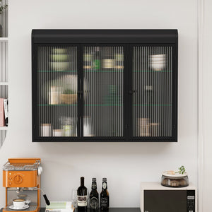 English Elm 3 Door Arched Glass Wall Cabinet Matte Black Finish for Kitchen Bath or Living Room W757P221501