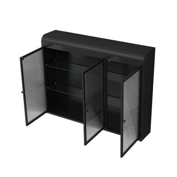 English Elm 3 Door Arched Glass Wall Cabinet Matte Black Finish for Kitchen Bath or Living Room W757P221501