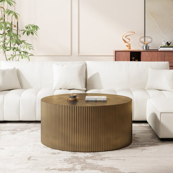 English Elm 35.83" Round Drum Coffee Table Antique Brass Wave Embossed Mdf for Living Room W757P222594