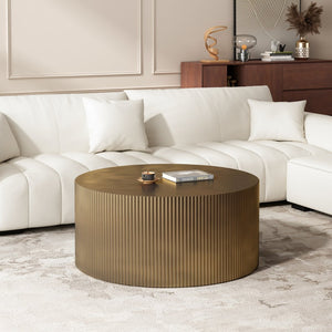 English Elm 35.83" Round Drum Coffee Table Antique Brass Wave Embossed Mdf for Living Room W757P222594
