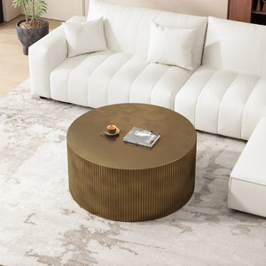 English Elm 35.83" Round Drum Coffee Table Antique Brass Wave Embossed Mdf for Living Room W757P222594