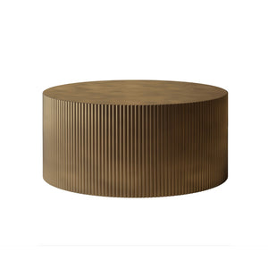 English Elm 35.83" Round Drum Coffee Table Antique Brass Wave Embossed Mdf for Living Room W757P222594