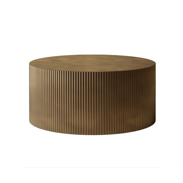 English Elm 35.83" Round Drum Coffee Table Antique Brass Wave Embossed Mdf for Living Room W757P222594