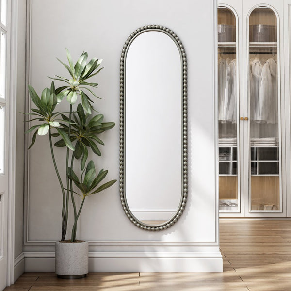 English Elm Iron Framed Oval Wall Mirror with Antique Silver Finish and Decorative Ironwork Detail W757P266577