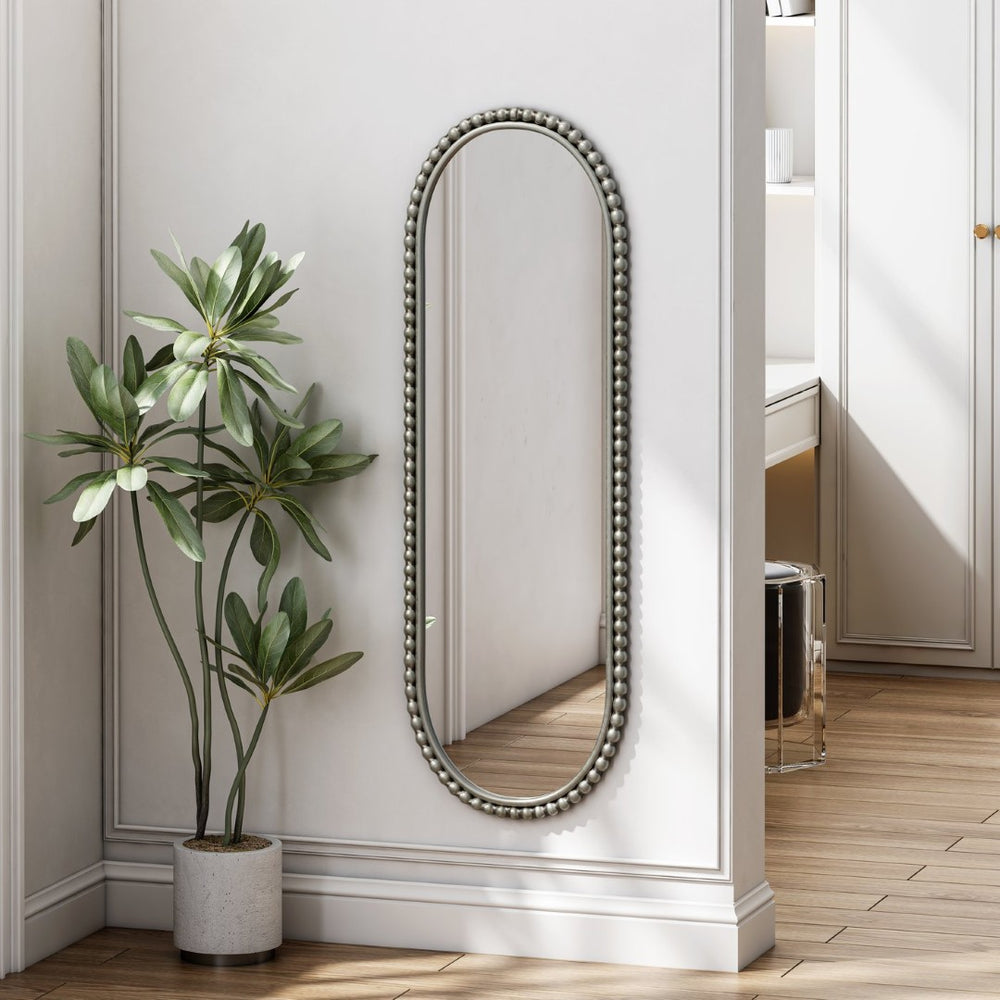 English Elm Iron Framed Oval Wall Mirror with Antique Silver Finish and Decorative Ironwork Detail W757P266577