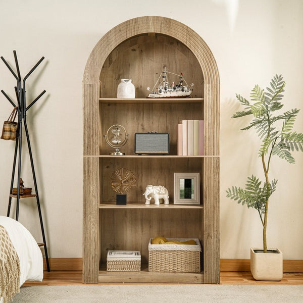 English Elm 78.74" Arched Four-tier Open Bookcase Mid-century Wood-grain Finish for Living Spaces Natural W757P308451