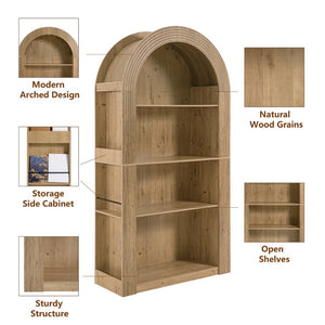English Elm 78.74" Arched Four-tier Open Bookcase Mid-century Wood-grain Finish for Living Spaces Natural W757P308451