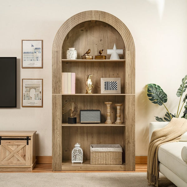 English Elm 78.74" Arched Four-tier Open Bookcase Mid-century Wood-grain Finish for Living Spaces Natural W757P308451