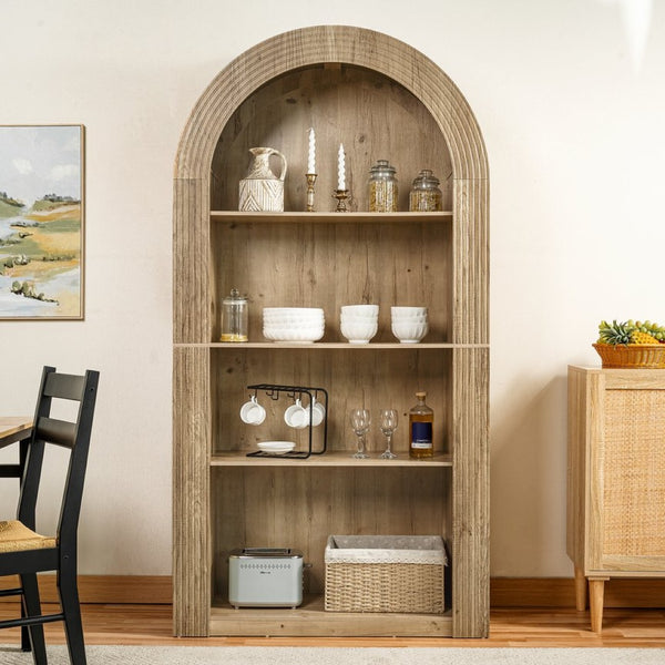 English Elm 78.74" Arched Four-tier Open Bookcase Mid-century Wood-grain Finish for Living Spaces Natural W757P308451