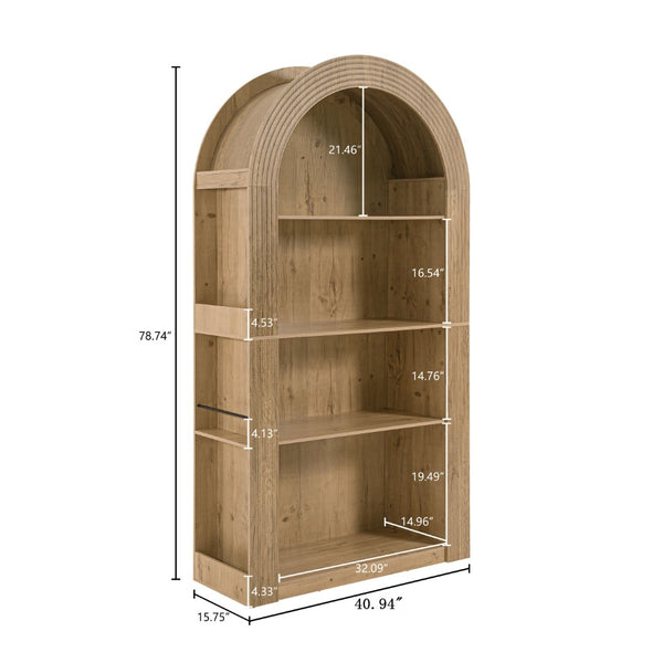English Elm 78.74" Arched Four-tier Open Bookcase Mid-century Wood-grain Finish for Living Spaces Natural W757P308451