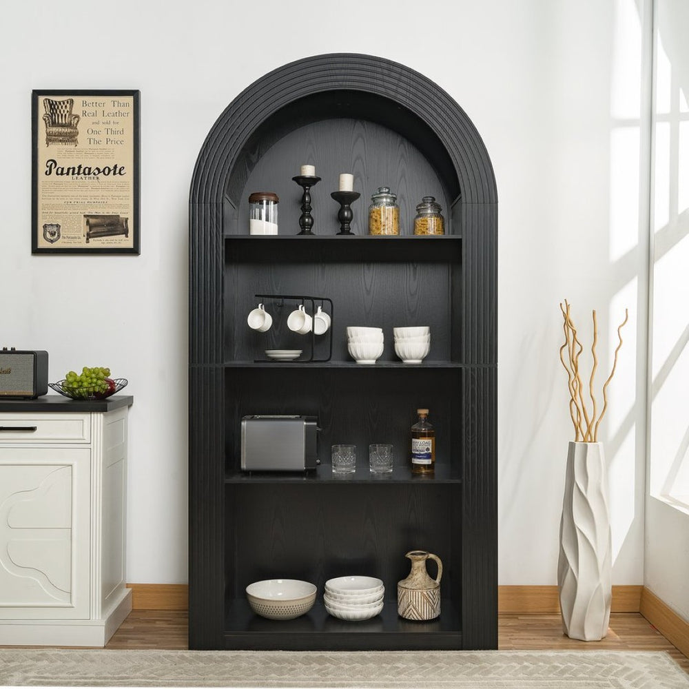 English Elm 78.74" Arched Four-tier Open Bookcase Mid-century Wood-grain Finish for Living Spaces Black W757P308452