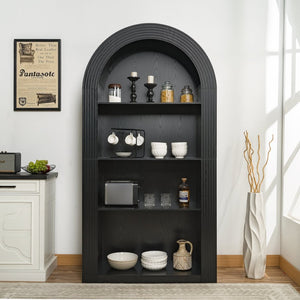English Elm 78.74" Arched Four-tier Open Bookcase Mid-century Wood-grain Finish for Living Spaces Black W757P308452