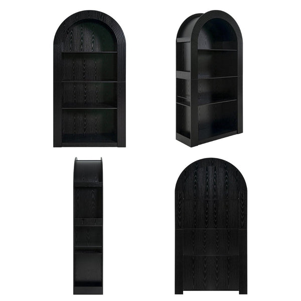 English Elm 78.74" Arched Four-tier Open Bookcase Mid-century Wood-grain Finish for Living Spaces Black W757P308452