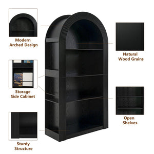 English Elm 78.74" Arched Four-tier Open Bookcase Mid-century Wood-grain Finish for Living Spaces Black W757P308452