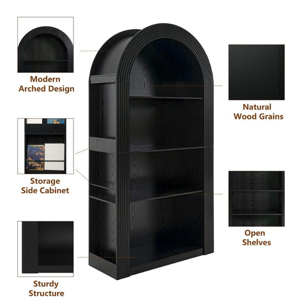 English Elm 78.74" Arched Four-tier Open Bookcase Mid-century Wood-grain Finish for Living Spaces Black W757P308452