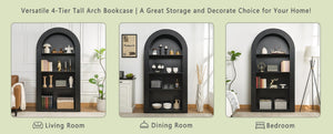 English Elm 78.74" Arched Four-tier Open Bookcase Mid-century Wood-grain Finish for Living Spaces Black W757P308452