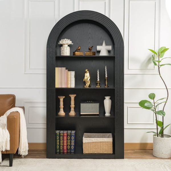 English Elm 78.74" Arched Four-tier Open Bookcase Mid-century Wood-grain Finish for Living Spaces Black W757P308452