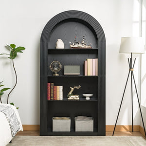 English Elm 78.74" Arched Four-tier Open Bookcase Mid-century Wood-grain Finish for Living Spaces Black W757P308452