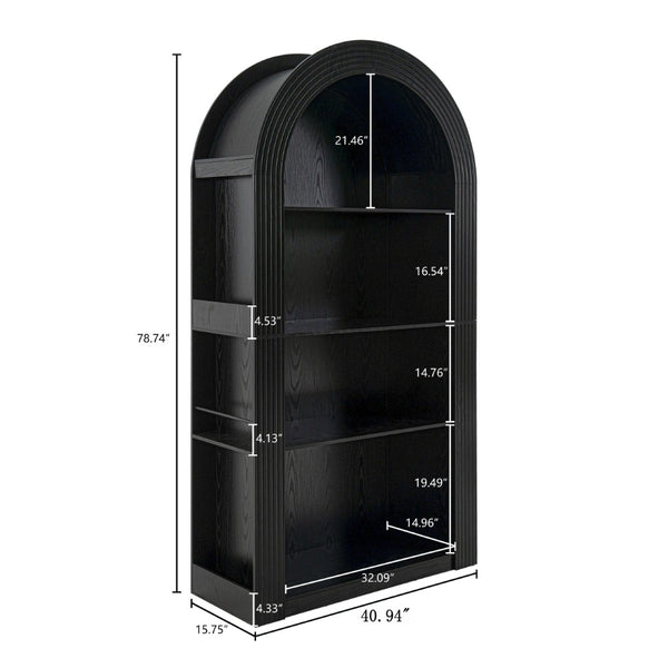 English Elm 78.74" Arched Four-tier Open Bookcase Mid-century Wood-grain Finish for Living Spaces Black W757P308452