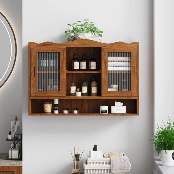 English Elm 35.4Retro Solid Wood Wall Cabinet with Glass Sliding Doors Three Shelf Compact Storage' Let Me Count: = = 10 Chars W757P325921