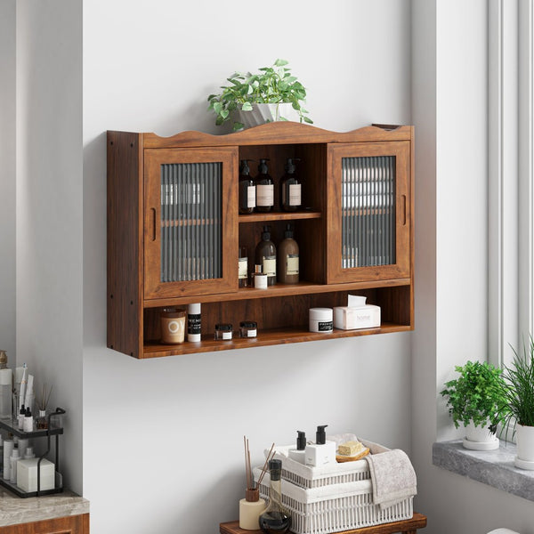 English Elm 35.4Retro Solid Wood Wall Cabinet with Glass Sliding Doors Three Shelf Compact Storage' Let Me Count: = = 10 Chars W757P325921