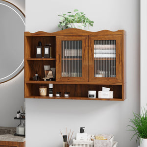 English Elm 35.4Retro Solid Wood Wall Cabinet with Glass Sliding Doors Three Shelf Compact Storage' Let Me Count: = = 10 Chars W757P325921