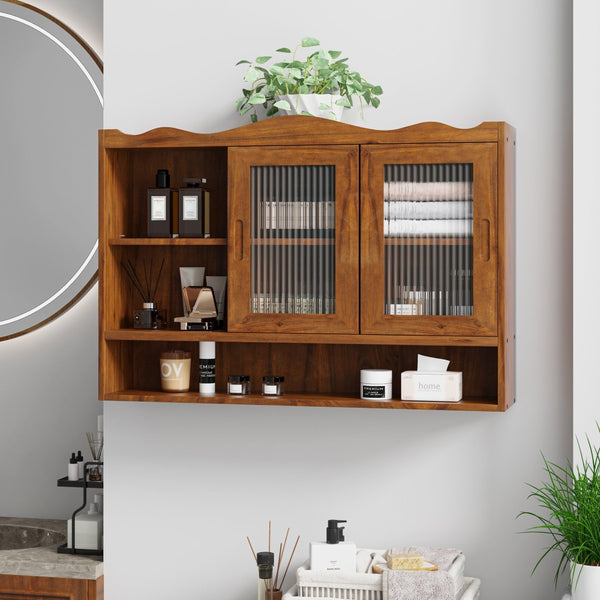 English Elm 35.4Retro Solid Wood Wall Cabinet with Glass Sliding Doors Three Shelf Compact Storage' Let Me Count: = = 10 Chars W757P325921