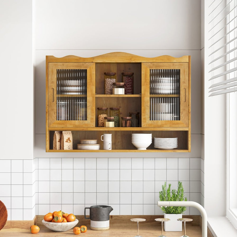 English Elm 35.4Retro Wall Cabinet Sliding Glass Doors Solid Wood Frame Three Shelf Bathroom Kitchen W757P325953