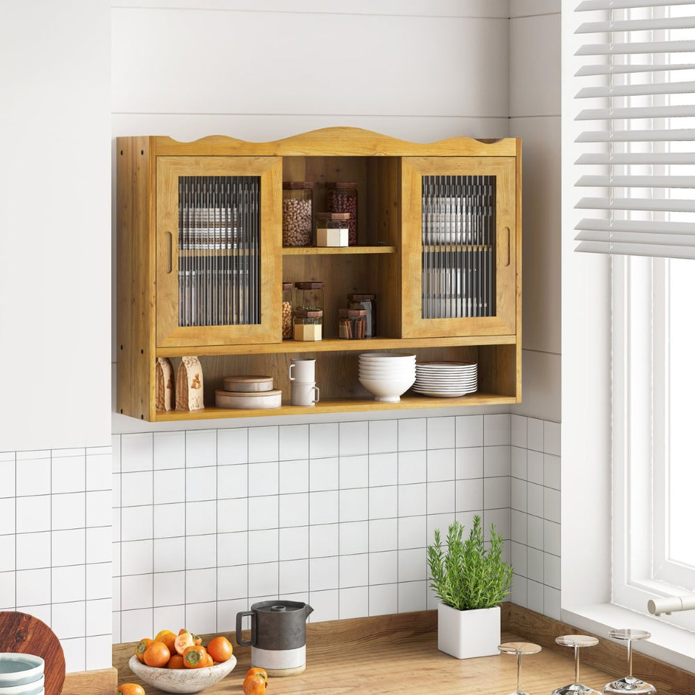 English Elm 35.4Retro Wall Cabinet Sliding Glass Doors Solid Wood Frame Three Shelf Bathroom Kitchen W757P325953