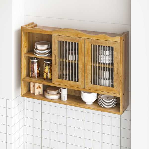 English Elm 35.4Retro Wall Cabinet Sliding Glass Doors Solid Wood Frame Three Shelf Bathroom Kitchen W757P325953