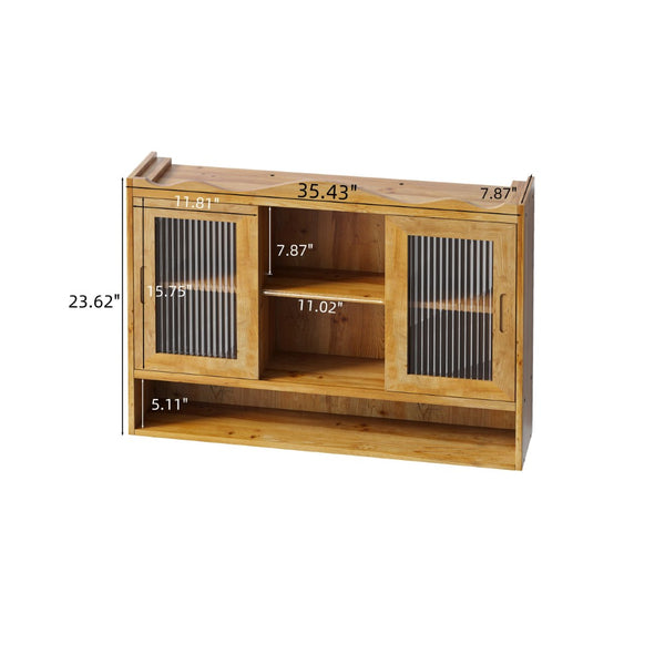 English Elm 35.4Retro Wall Cabinet Sliding Glass Doors Solid Wood Frame Three Shelf Bathroom Kitchen W757P325953