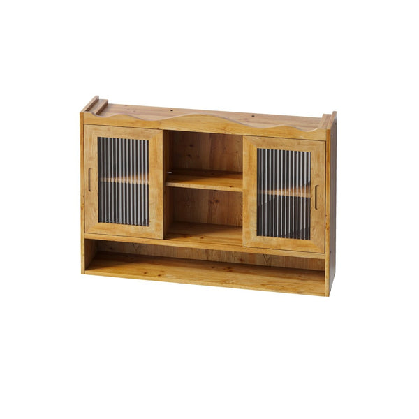 English Elm 35.4Retro Wall Cabinet Sliding Glass Doors Solid Wood Frame Three Shelf Bathroom Kitchen W757P325953