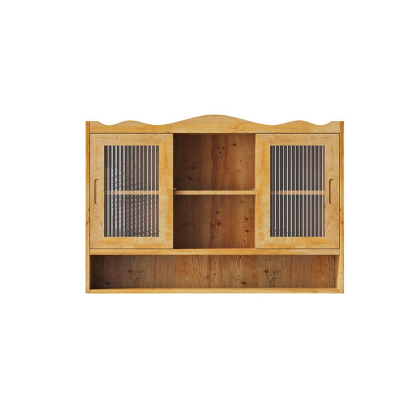 English Elm 35.4Retro Wall Cabinet Sliding Glass Doors Solid Wood Frame Three Shelf Bathroom Kitchen W757P325953