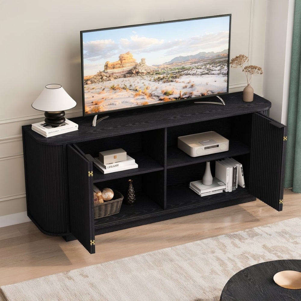 English Elm 63"wavy Sculptural Matte Sideboard with Wave Front Doors and Adjustable Interior Shelving Black W757P330674