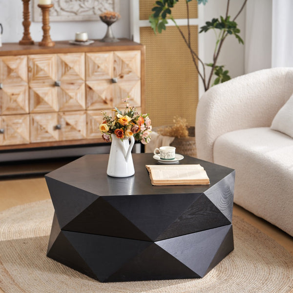 English Elm 36.61'' Polygon Drum Coffee Table Retro Geometric Flip Top Hidden Storage Wood Veneer Black W757P347497