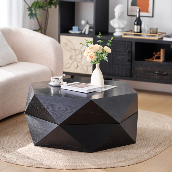 English Elm 36.61'' Polygon Drum Coffee Table Retro Geometric Flip Top Hidden Storage Wood Veneer Black W757P347497
