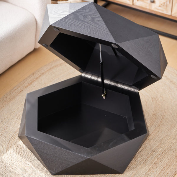 English Elm 36.61'' Polygon Drum Coffee Table Retro Geometric Flip Top Hidden Storage Wood Veneer Black W757P347497