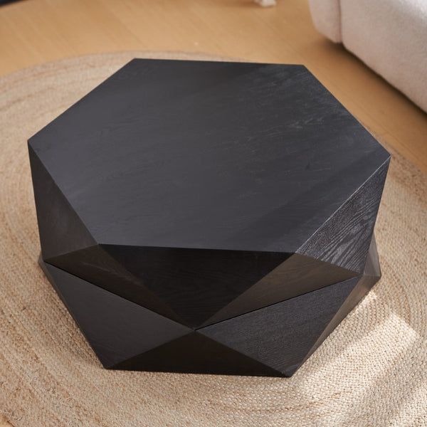 English Elm 36.61'' Polygon Drum Coffee Table Retro Geometric Flip Top Hidden Storage Wood Veneer Black W757P347497