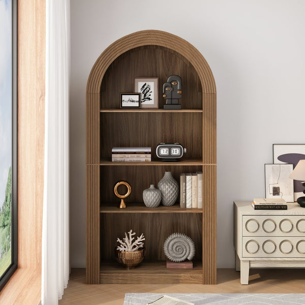English Elm 78.74" Arched Four-tier Open Bookcase Mid-century Wood-grain Finish for Living Spaces Brown W757P367145