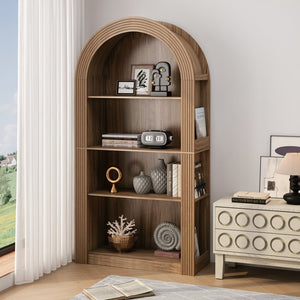 English Elm 78.74" Arched Four-tier Open Bookcase Mid-century Wood-grain Finish for Living Spaces Brown W757P367145